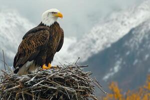 Majestic Eagle in Snowy Mountain Nest - Nature and Wildlife Photography photo