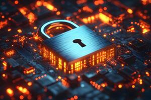 Cybersecurity Concept with Glowing Lock on Digital Circuit Board for Technology Design photo