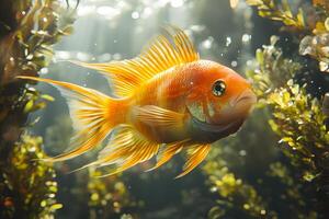 Vibrant Goldfish in Sunlit Underwater Seaweed Environment for Aquatic-Themed Decor photo