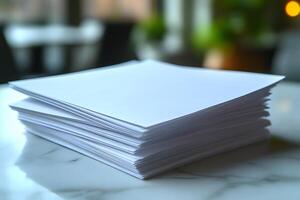 Stack of Blank Papers on Marble Table for Office Supply and Stationery Use photo