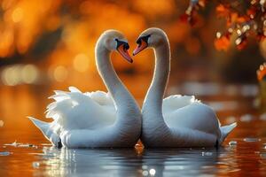 Romantic Swan Pair in Autumn Lake Setting Perfect for Nature and Love-Themed Decor photo