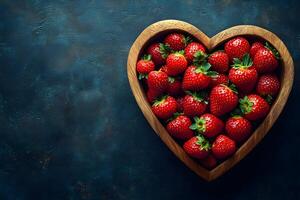 Heart-Shaped Wooden Bowl Filled with Fresh Strawberries on Dark Rustic Background photo