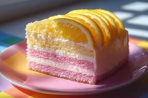 Citrus Layered Cake with Lemon Slices on a Colorful Background - Dessert Photography photo
