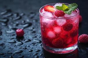 Refreshing Raspberry and Strawberry Mocktail with Mint on Dark Background photo