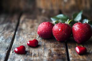 Fresh Red Raspberries with Heart-Shaped Chocolates on Rustic Wood for Romantic Settings photo
