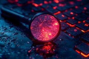 Cybersecurity Exploration with Magnifying Glass and Digital Red Glow photo