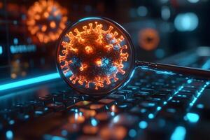 Digital Virus Detection Concept with Magnifying Glass on Keyboard for Cybersecurity Awareness photo