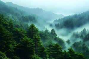 Mystical Foggy Pine Forest Landscape in Misty Mountains for Nature Prints photo