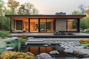 Modern Architectural Home in Forest with Stone Facade and Tranquil Pond photo