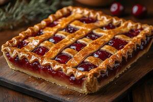 Rustic Cherry Pie on Wooden Board with Lattice Crust for Dessert and Baking Themes photo