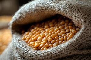 Organic Soybeans in Burlap Sack Sustainable Agriculture and Commodity Market photo