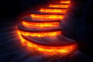 Mystical Illuminated Staircase with Glowing Fiery Steps in Dark Ambiance photo