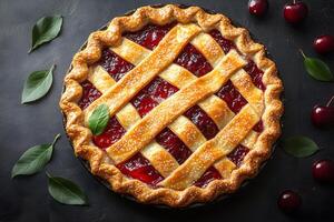 Cherry Pie with Lattice Crust on Dark Background for Culinary Design and Print photo