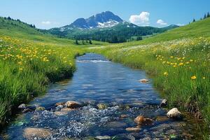 Tranquil Mountain Landscape with Wildflower Meadow and Serene Stream in Summer photo