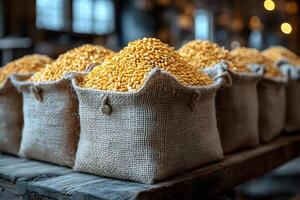 Golden Corn Kernels in Rustic Burlap Sacks for Harvest and Agricultural Display photo