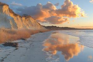 Scenic Cliffs and Reflective Sunset Beach Landscape for Tranquil Design and Print photo
