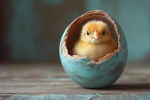 Adorable Chick Hatching from Rustic Egg for Easter Celebration and Spring Themes photo