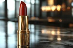 Luxury Red Lipstick on Elegant Marble Counter in Warm Ambient Lighting photo