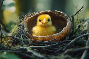 Adorable Yellow Duckling in Natural Nest for Springtime Wildlife Themes photo