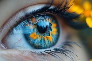 Vibrant Close-Up of a Blue and Orange Eye with Reflective Detail for Design and Print Use photo
