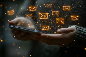 Digital Communication Concept Glowing Email Icons Floating Above Smartphone for Technology Design photo