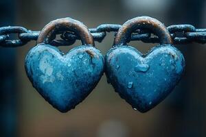 Rusty Heart-Shaped Padlocks on a Chain, Symbolizing Love and Commitment photo
