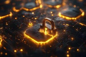 Digital Security and Data Protection Concept with Glowing Lock on Circuit Board photo