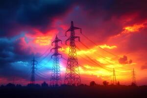 Dramatic Sunset with High-Voltage Power Lines in Silhouette for Urban Energy and Infrastructure Design photo