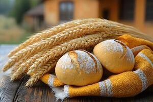 Freshly Baked Bread Loaves with Wheat Stalks on Wooden Surface for Rustic Kitchen Decor photo