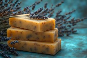 Handmade Lavender Soap Bars with Dried Flowers on Rustic Background for Spa and Wellness photo