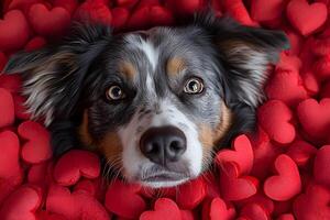 Adorable Dog Surrounded by Heart-Shaped Cushions for Valentine's Day Concept photo