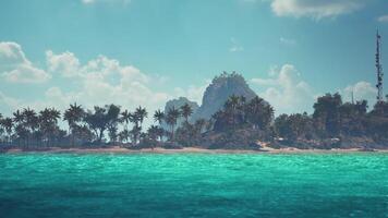A serene view of the turquoise waters and lush greenery of Seychelles coastline video
