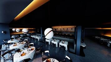 elegante esvaziar restaurante configuração com volta mesas e moderno decoração às noite video
