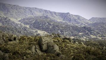 Boulders on a rugged mountainside during a misty afternoon in a remote region video