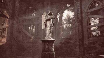Statue of an angel in a ruined building surrounded by trees at dusk video