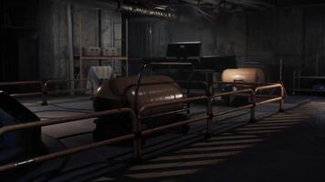 Exploring a dimly lit underground bunker with storage containers and equipment video