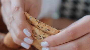 Hands breaking a seeded cracker, Close-up of hands breaking a crunchy cracker with seeds. video