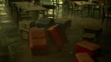 Abandoned airport terminal with scattered luggage left behind over time video