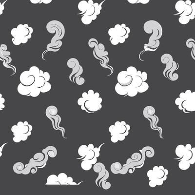 seamless pattern of white fluffy clouds and swirling smoke on dark background, decorative design