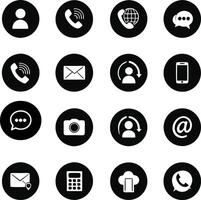 set of black and white communication icons, contact symbols for phone, email, chat, and cloud vector