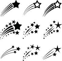 shooting star icon set, black and white comet trail designs for wishes, dreams, and celestial themes vector