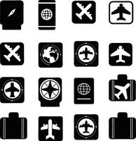 set of travel and aviation icons, airplane, passport, luggage, and navigation symbols in black vector