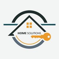 modern home solutions logo with house, key, and abstract design for real estate and property services vector