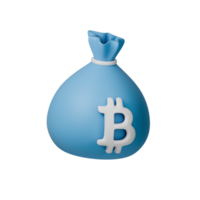 3D illustration of a blue money bag with a Bitcoin symbol, ideal for concepts on cryptocurrency png