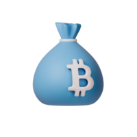 3D illustration of a blue money bag with a Bitcoin symbol, ideal for concepts on cryptocurrency, finance, and digital currency png