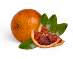 blood red orange with slice and leaves isolated with clipping path, full depth of field png