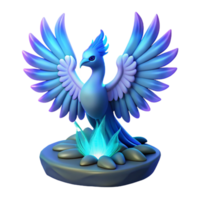 3D Render of a Mythical Blue Phoenix Bird on a Rock Base with Glowing Flames png