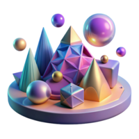 Abstract 3D Geometric Shapes Composition Iridescent Spheres, Cones, and Pyramids png