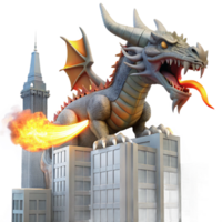 Dragon Attacking City 3D Render of Fantasy Creature in Urban Setting png