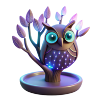 Luminous Owl in Tree 3D Render of Illuminated Avian Figurine png